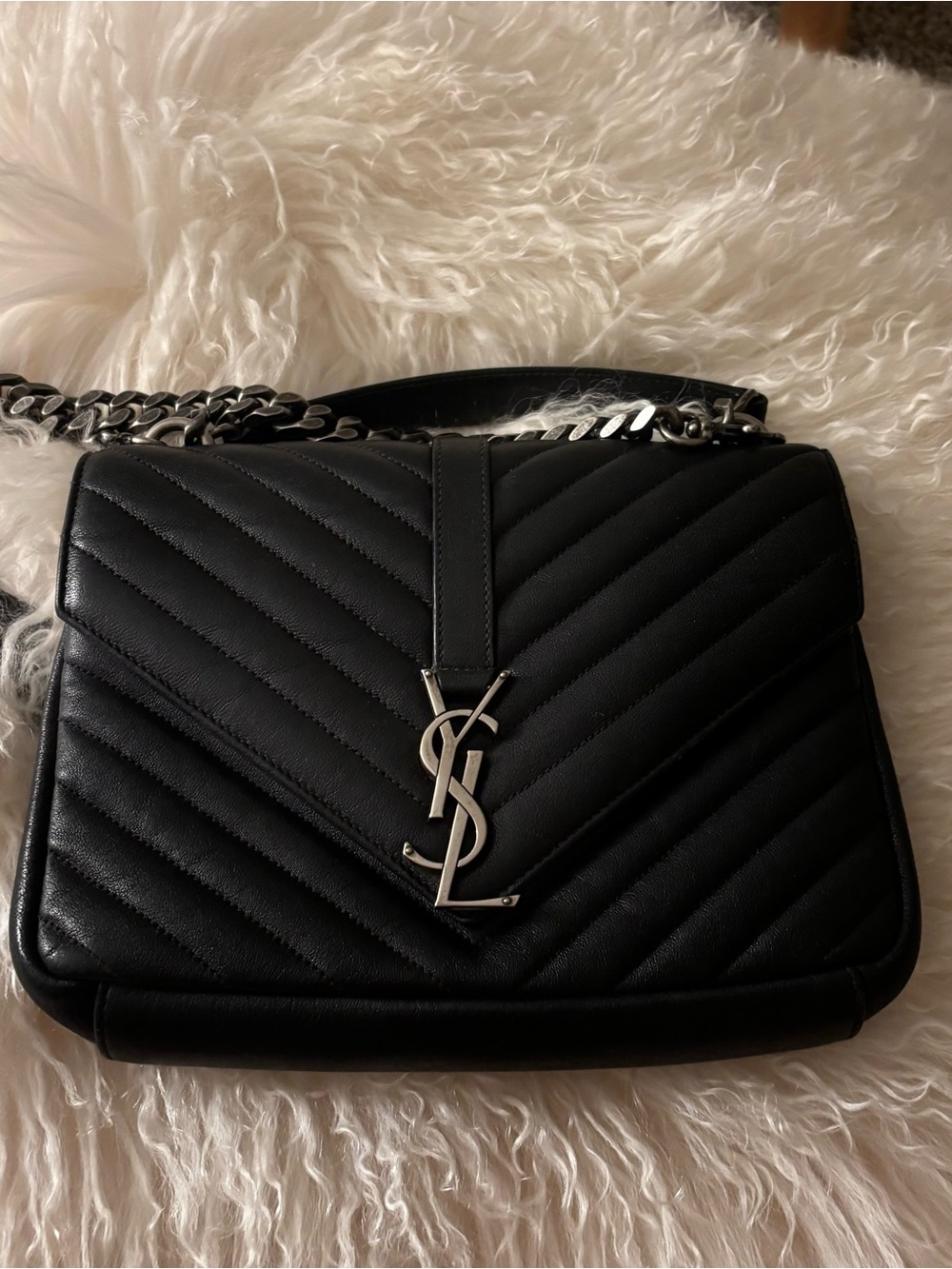 Saint Laurent Black Quilted Leather Bag Silver YSL college medium